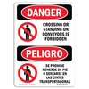 Signmission OSHA, Crossing Or Standing On Conveyors Bilingual, 18in X 12in Rigid Plastic, 12" W, 18" L, Spanish OS-DS-P-1218-VS-1111